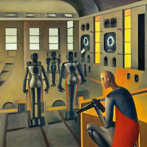 Image similar to drab slave human workers building robots, watched by fascist robots, brutalist factory, dystopian, pj crook, edward hopper, oil on canvas