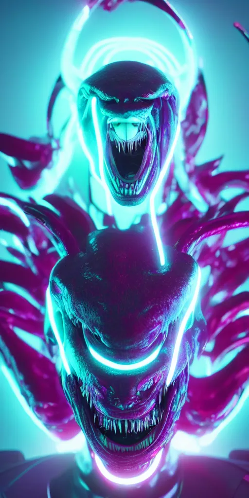 Image similar to synthwave demonic alien face with neon horns, detailed face, sharp focus, synthwave art, aesthetic, octane render, raw, cinematic