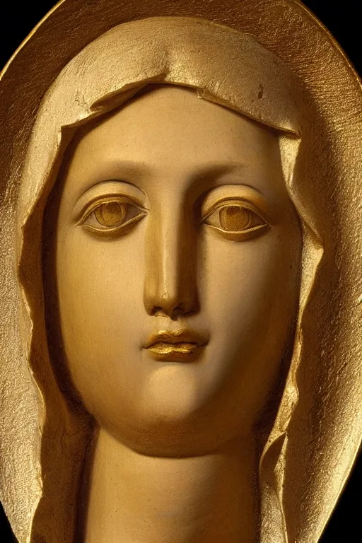Image similar to Virgin Mary, suffering face, closeup, ultra detailed, made in gold, Guido Reni style
