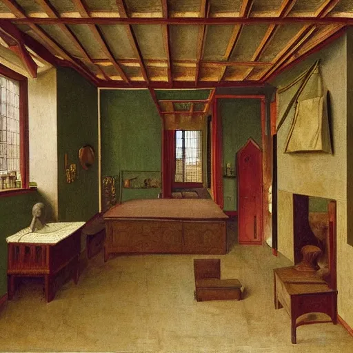 Image similar to very detailed interior of a building, bedroom of an artist in the style of Hugo van der Goes (1440–1483), Flemish painter