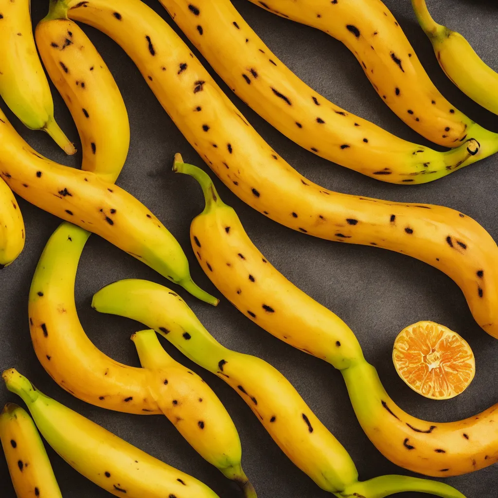 Image similar to long spotted bananas in the shape of juicy ripe oranges, closeup, hyper real, food photography, high quality