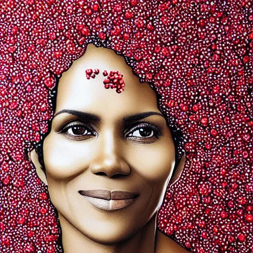 Image similar to a portrait made out of wild forrest berries of halle berry