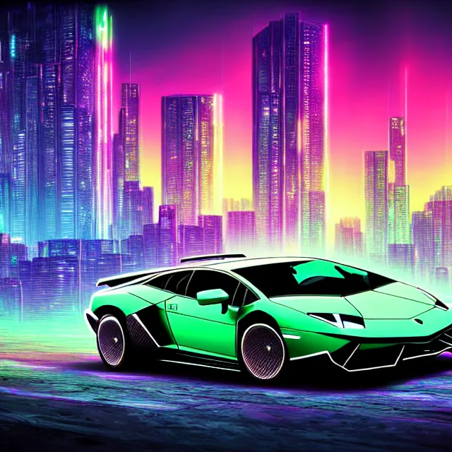 Prompt: epic professional digital art of photorealistic synthwave lamborghini driving through neon cyberpunk futuristic city towers, mountains in background, intricate, detailed, much wow, much detail, by john norton