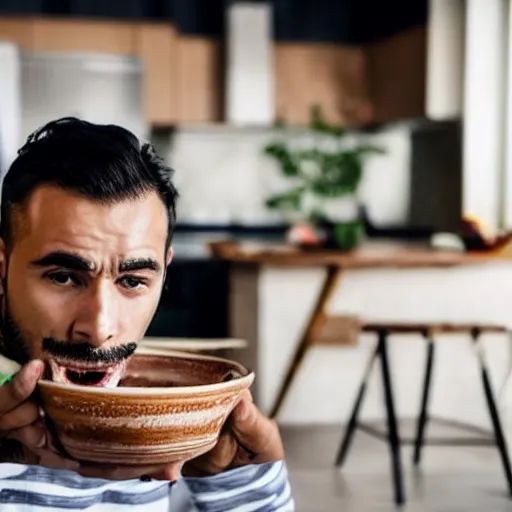 Prompt: man eating many bowls of rich as people around him panic