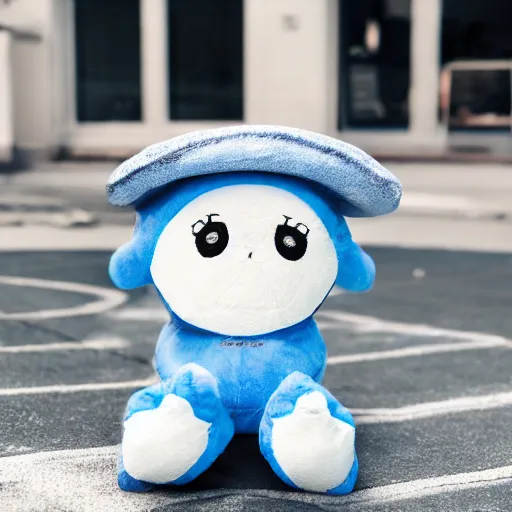 Image similar to blue'snappy gifts'plush doll, human - sized, on sidewalk, giving gifts to people, happy atmosphere, high detail, soft lighting, 8 k