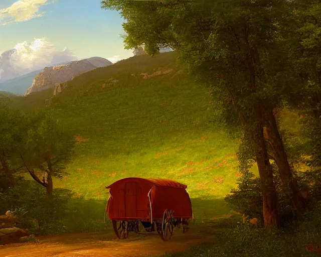 Image similar to a painting of a covered wagon traveling down a road by a mountain, lush countryside, early morning, thomas cole, ted nasmith