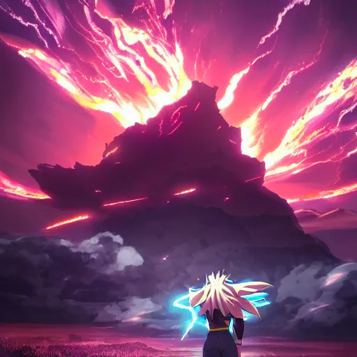 Prompt: an epic anime of a man surrounded by lightning bolts, big jacket, pokemon, ghibli, unreal 5, octane render, rpg portrait, dynamic lighting, epic, epic anime, 2 d, dragon ball