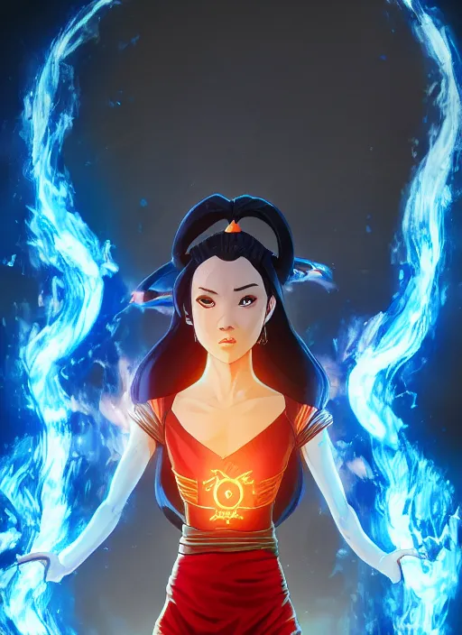 Prompt: azula from avatar the last airbender posing, blue flames, firebending, dark atmosphere, cinematic shot, intricate, ornate, photorealistic, ultra detailed, realistic, 1 0 0 mm, photography, octane, high definition, depth of field, realism, 8 k, artstation