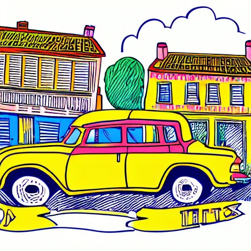 Image similar to book illustration of an old street with old cars, happy people, book illustration, colorful, white background, colorful image