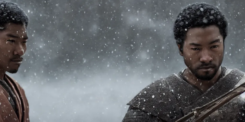 Image similar to a film still of a black man starring in a japanese blockbuster film as ancient samurai, snow falling, shallow depth of field, cinematic, award winning cgi, vfx, film still