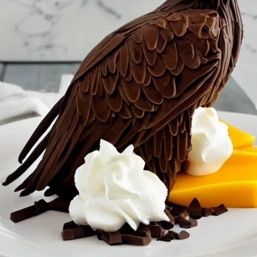 Prompt: A bald eagle made of chocolate powder, mango, and whipped cream