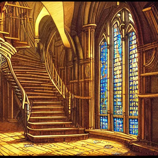 Prompt: arcane library with spiral staircases, very detailed, late evening, stained glass windows, artstation, Samuel Schultz