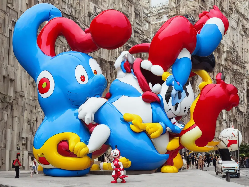 Prompt: Jeff Koon’s Doraemon Dorami Fractal Dragon statue, painted by Botero