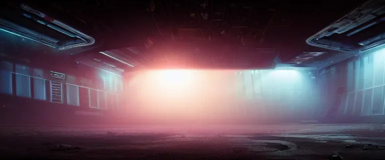 Prompt: set design for a science fiction movie on a derelict space station, atmospheric fog, anamorphic bokeh, cinematic, elegant, professional studio light, real dlsr photography, sharp focus, 4 k, ultra hd, sense of awe