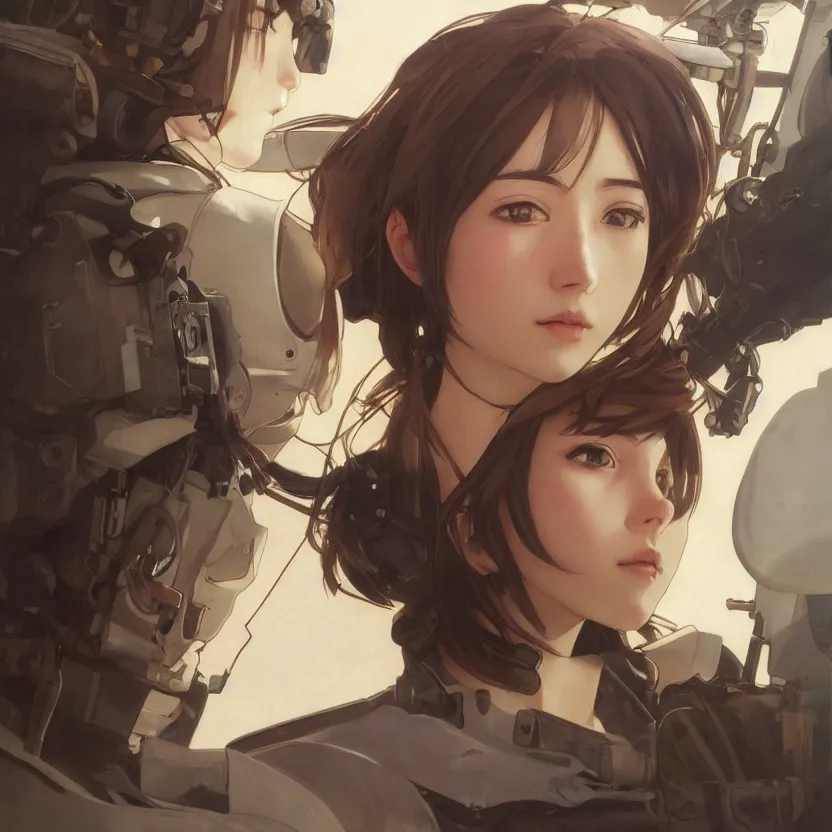 Image similar to a flying girl, fused aircraft parts, military pilot clothing, anime style, short hair, hair down, symmetrical facial features, from arknights, hyper realistic, 4 k, rule of thirds, extreme detail, detailed drawing, trending artstation, hd, realistic lighting, by alphonse mucha, greg rutkowski, shoulder eyes, backlit