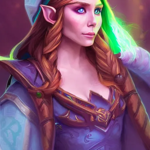 Image similar to beautiful female elf sorcerer, green lighting, elizabeth olsen face, in hearthstone art style, epic fantasy style art, fantasy epic digital art, epic fantasy card game art