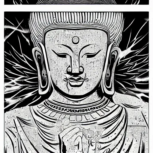 Prompt: precisely drawn illustration of really stoned buddha smoking a joint, wide angle, realistic, no artefacts, sharp, fine details, with accurate features, french comic style, vibrant realistic colors, high definition, full color, heroic fantasy, clear detailed view, intense line art, 8 k, precise linework, realistic, in the style of heavy metal comics and richard corben and moebius