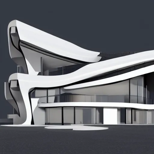 Prompt: moder house in style of zaha hadid, 8 k vector render, real photo