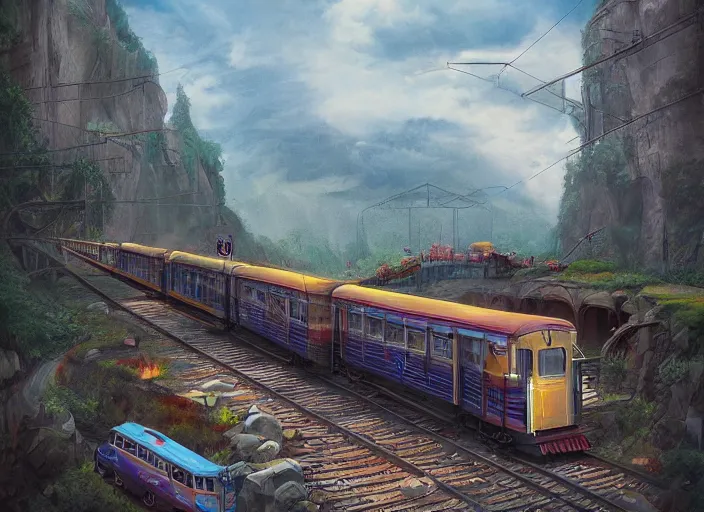 Image similar to 🛤🚞🧳, lowbrow, matte painting, 3 - d highly detailed, in the style of,