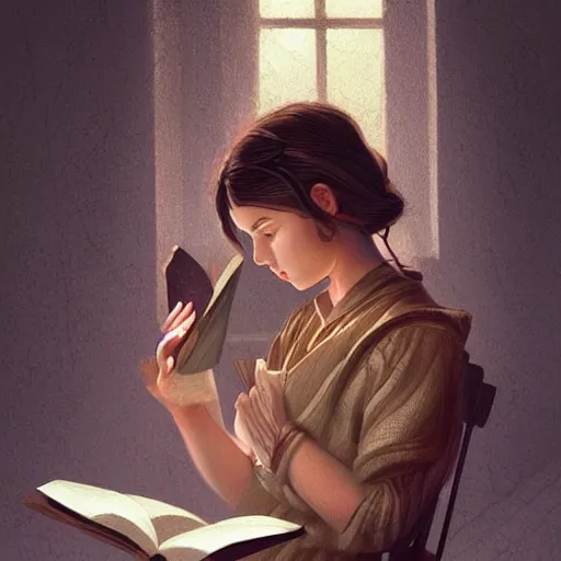 Image similar to village girl reading a book, cinematic, intricate, elegant, highly detailed, digital painting, artstation, concept art, smooth, sharp, focus, illustration, art by artgerm and Johfra Bosschart