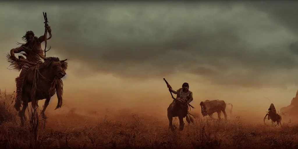 Prompt: solo ancient indian tribesman hunting on atv, chase of buffalo herd ,attacking, action scene, an epic fantasy, dramatic lighting, cinematic, establishing shot, extremely high detail, photorealistic, cinematic lighting, artstation, octane render, by simon stalenhag, horizon forbidden west,old photo, high speed photography, vintage, mad max
