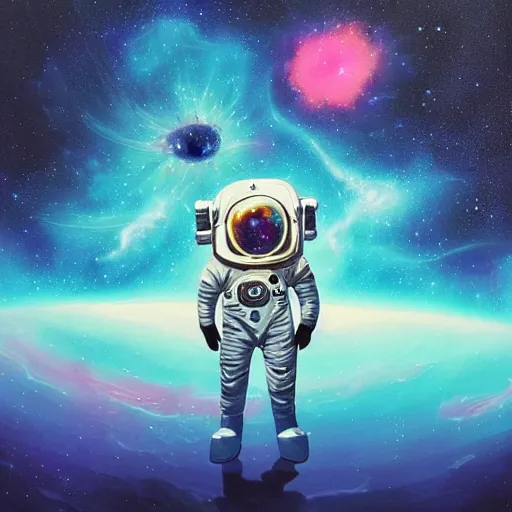 Prompt: an epic cosmic nebula painting of a stylized lonely astronaut floating through the vibrant space galaxies depicted as an exploding nebula beautiful space with a background of space by takashi murakami by beeple by rhads