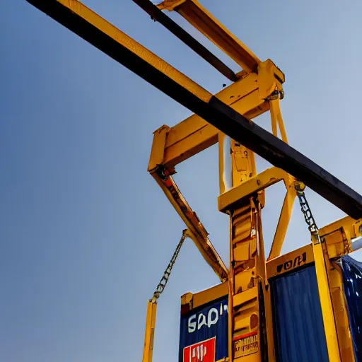 Prompt: high quality, digital photography of a crane lifting a container, shot from the ground, looking up, close shot, clear sky