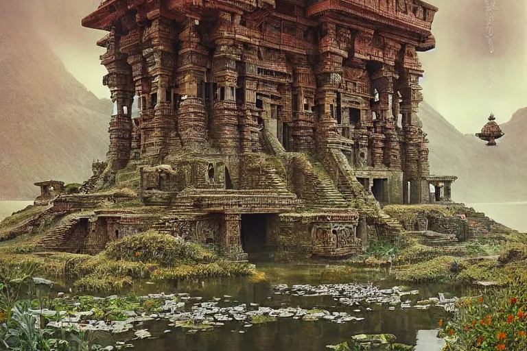 Prompt: photography of a beautiful archipelago of never seen before stunning ancient indian temple. intricate pilars patern, runes. water and flowers. inspiring science fiction, intricate, elegant, uplifting, inspirational, highly detailed by beksinski and simon stalenhag