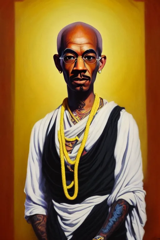 Image similar to full body portrait of wiz khalifa as mahatma gandhi, oil on canvas by william sidney mount, hindu art, great soul, black, black, yellow, yellow, trending on artstation