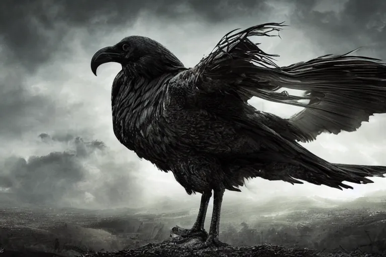 Prompt: For centuries the kingdom of Iraden has been protected by a god known as the Raven. Photo-realistic UHDR, hyperrealism, highly detailed, cinematic, luminescence, 32k, high contrast, intricate, mystery, epic, dark fantasy