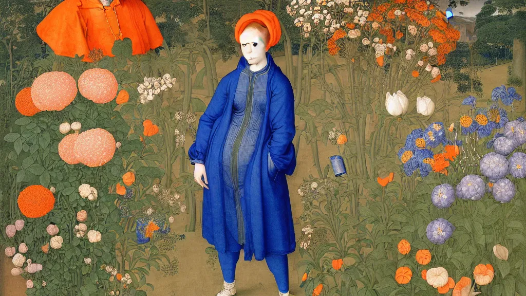 Prompt: portrait of a curvy woman with orange hair buns, wearing a blue raincoat and baggy jeans, standing in a garden full of plants and flowers, intricate details, high detail, in the style of rogier van der weyden and jacopo da pontormo, punk, asian art,