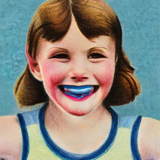 Prompt: a 1 9 2 8 color drawing portrait. calm, happy, healthy, smiling, sporty, young parisienne la couture in athletic wear with beautiful smile and healthy teeth. realistic, high quality.