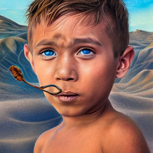 Image similar to a detailed portrait of a tan boy with a small face tattoo in the desert, fantasy art illustration, incredibly highly detailed and realistic, 8 k, sharp focus