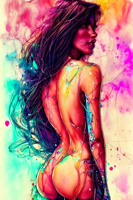 Image similar to sophia vergara by patrice murciano and agnes cecile and enki bilal moebius, intricated details, 3 / 4 back view, bendover posture, full body portrait, extremely luminous bright design, pastel colours, drips, autumn lights