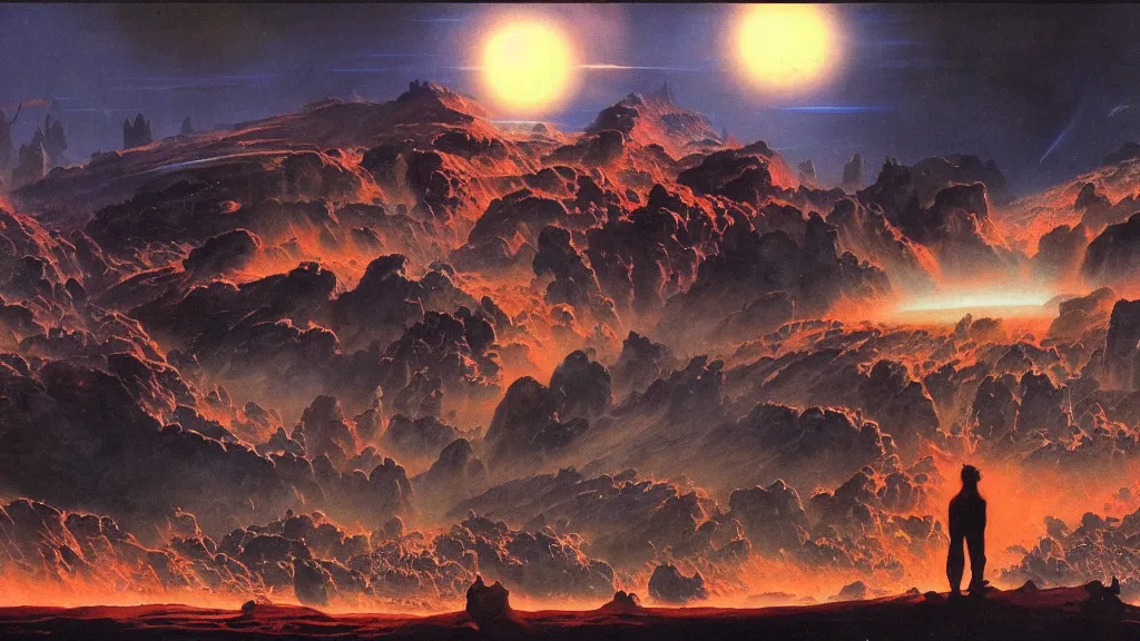 Image similar to journey to the end of the universe by frank frazetta and bruce pennington, cinematic matte painting