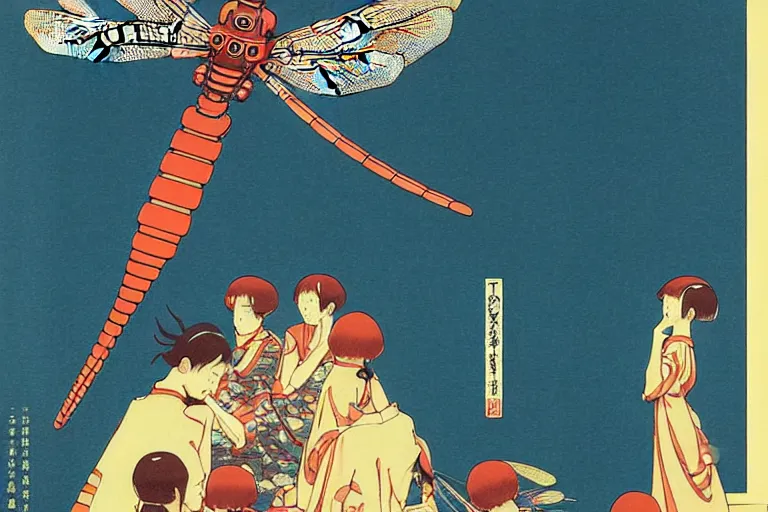 Image similar to gigantic dragonflies with human faces catch tiny robots, a lot of exotic mechas robots around, human heads everywhere, risograph by kawase hasui, edward hopper, satoshi kon and moebius, no text!, colorful flat surreal design, super - detailed, a lot of tiny details, fullshot