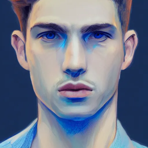 Image similar to portrait of young man by Singer Sergeant and Solomon, blue lighting, detailed, elegant clothing, trending on artstation, masterpiece