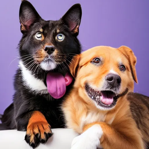 Image similar to a smiling dog sitting on top of a cat, professional photography