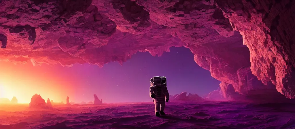 Image similar to astronaut on purple [ [ [ crystal ] ] ] caves, amethyst, beautiful dynamic lighting, cinematic, wide angle establishing shot, extremely high detail, photo realistic, cinematic lighting, matte painting, interstellar, greg rutkowski, roger deakins