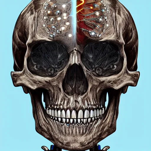 Prompt: very detailed portrait of a skeleton with crystal innards and optic fiber nerves, gears in his head and cybernetic enhancements in it's skull