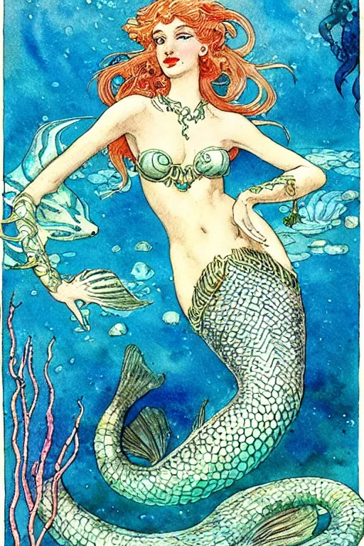 mermaid with two eel tails underwater, fantasy art
