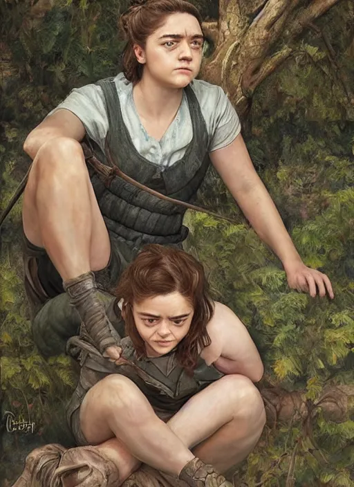 Image similar to tired Maisie Williams taking a rest under a tree after an long adventure a ruggedly muscled handsome heroine, intricate, elegant, highly detailed, centered, digital painting, artstation, concept art, smooth, sharp focus, illustration, artgerm, donato giancola, Joseph Christian Leyendecker, WLOP, Artgerm, thunder storm