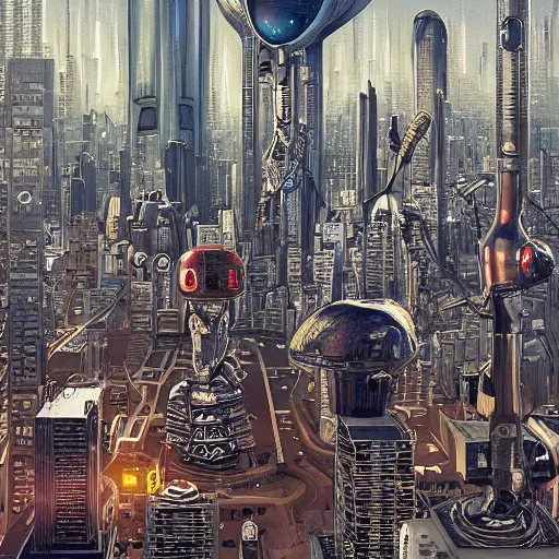 Image similar to portrait of a droid from mars amongst an extraterrestrial cityscape, intricate detail, hyperrealistic