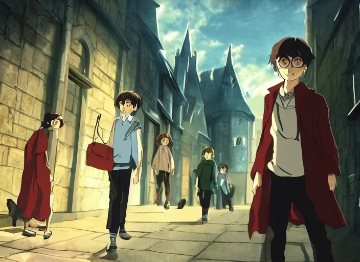 Image similar to film still of Harry Potter and the Chamber of Secrets Artwork by Dice Tsutsumi, Makoto Shinkai, Studio Ghibli, Cinematic composition