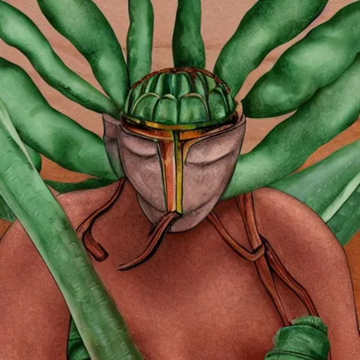 Prompt: spartan drinking tea with trichocereus background and smoke haze