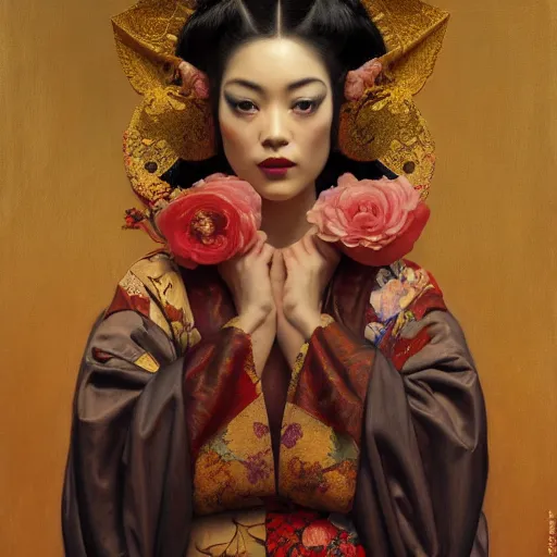 Image similar to highly detailed oil painting | very intricate | cinematic lighting | award - winning | the chicano geisha in an exquisite kimono | by roberto ferri, by tom bagshaw, by j. c. leyendecker and klimt, beautiful cinematic light, american romanticism, by austin osman spare, artstation, cgsociety, official art, octane