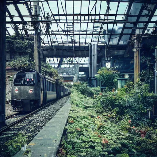 Prompt: lost beautiful overgrown city futuristic fantasy mixed with polluted industrial city train station