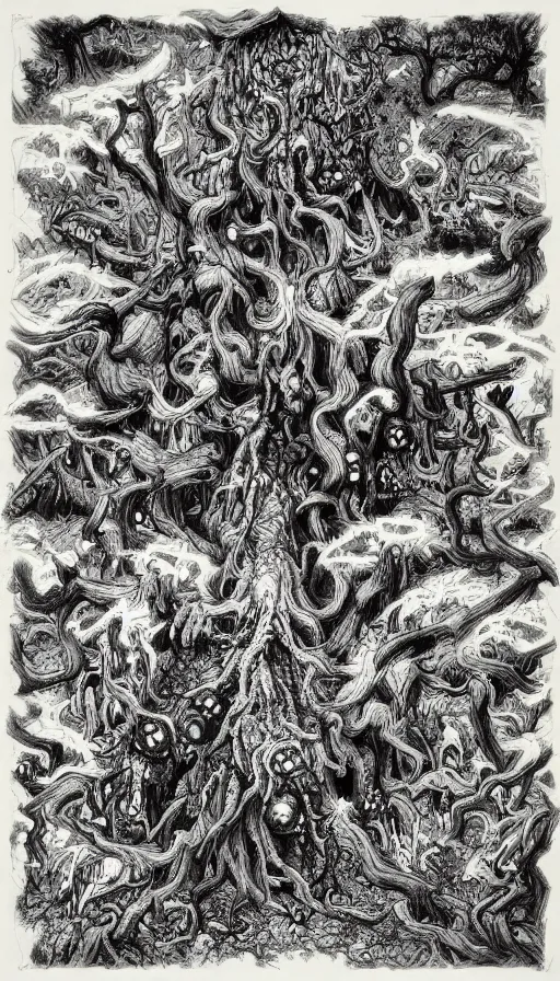 Image similar to a storm vortex made of many demonic eyes and teeth over a forest, by james jean,