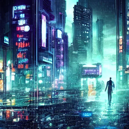 Prompt: A sad cyberpunk city at night, rainy, digital art, striking, emotional