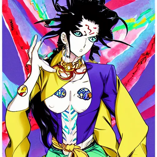 Image similar to a jojo's bizarre adventure manga artstyle colorful sktech : Marie the mother of Jesus standing up arm crossed by hirohiko araki shonen jump, crips details, realistic, featured on Artscape